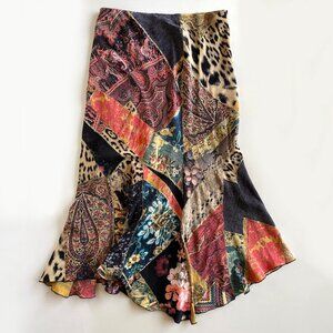 Roberto Cavalli 2002 Patchwork Print 100% Silk Midi Skirt Size S
